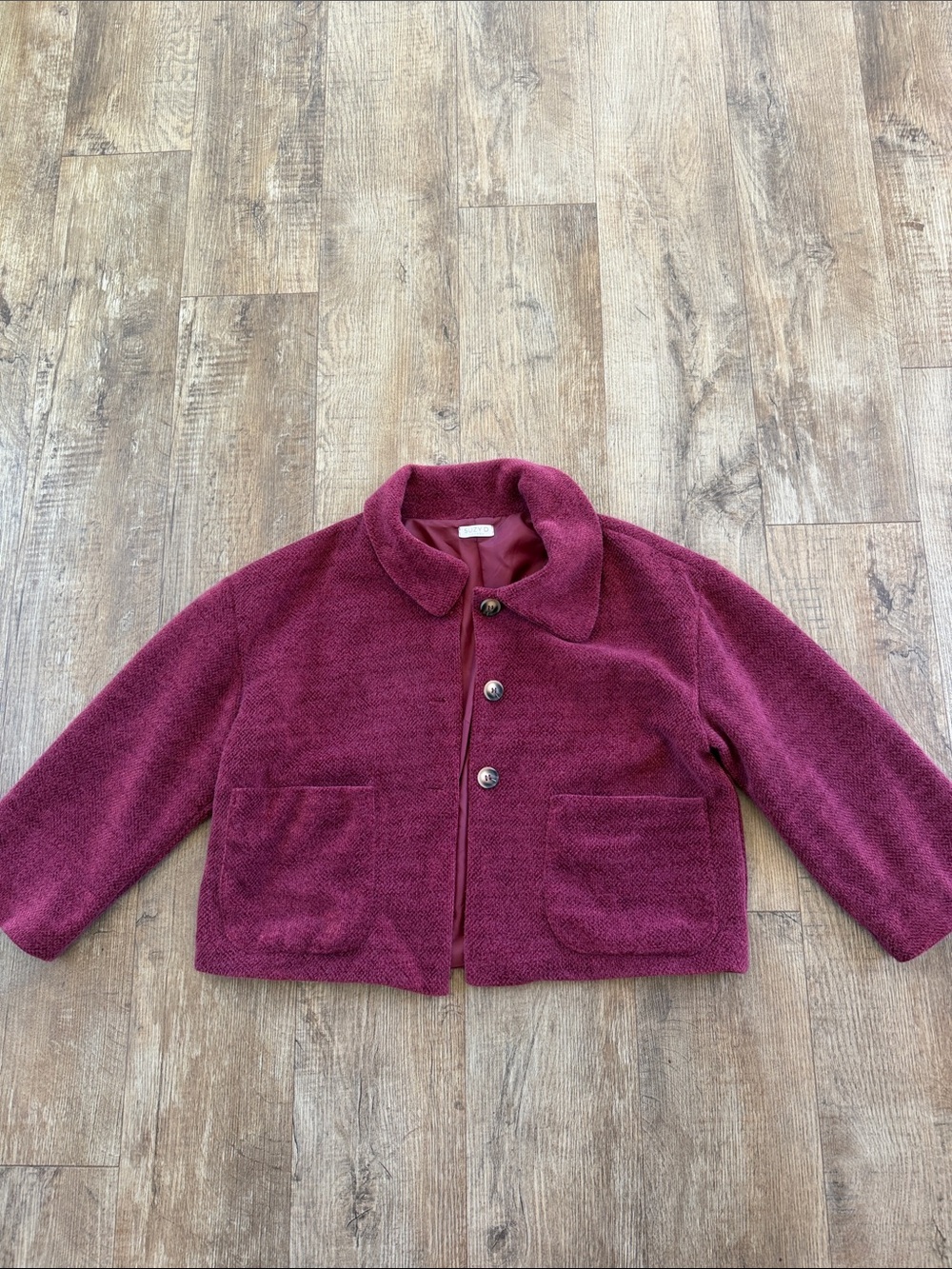 London-Style Plum-Colored Teddy Jacket with Patch Pockets